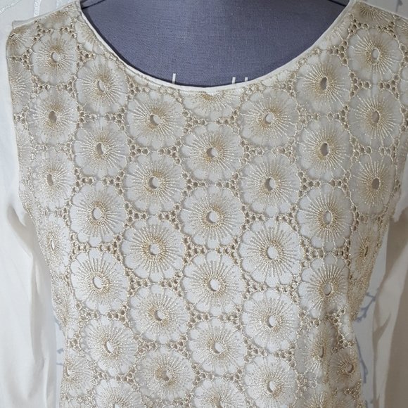 J. Crew White & Gold Floral Embroidered Overlay Long Sleeve Top - Picture 2 of 5